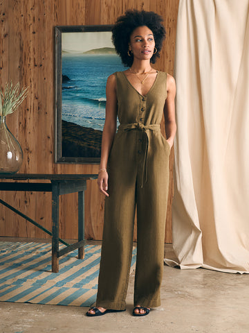 Alina Linen Jumpsuit - Military Olive