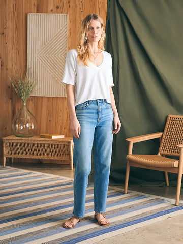 Linen V Neck Tee - White