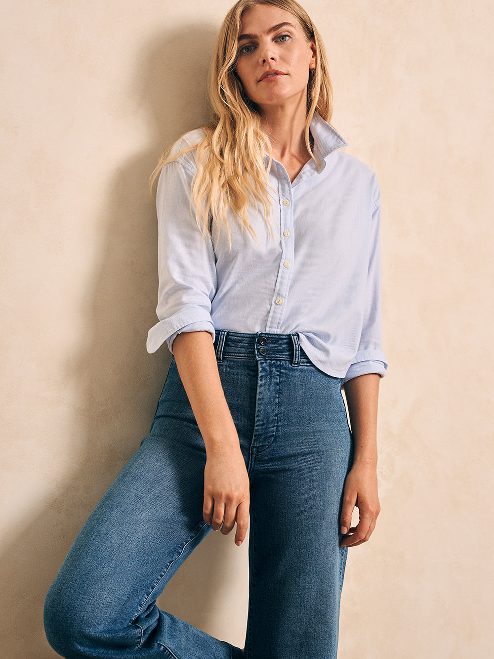 Stretch Oxford Cropped Shirt by Faherty in Classic Stripe
