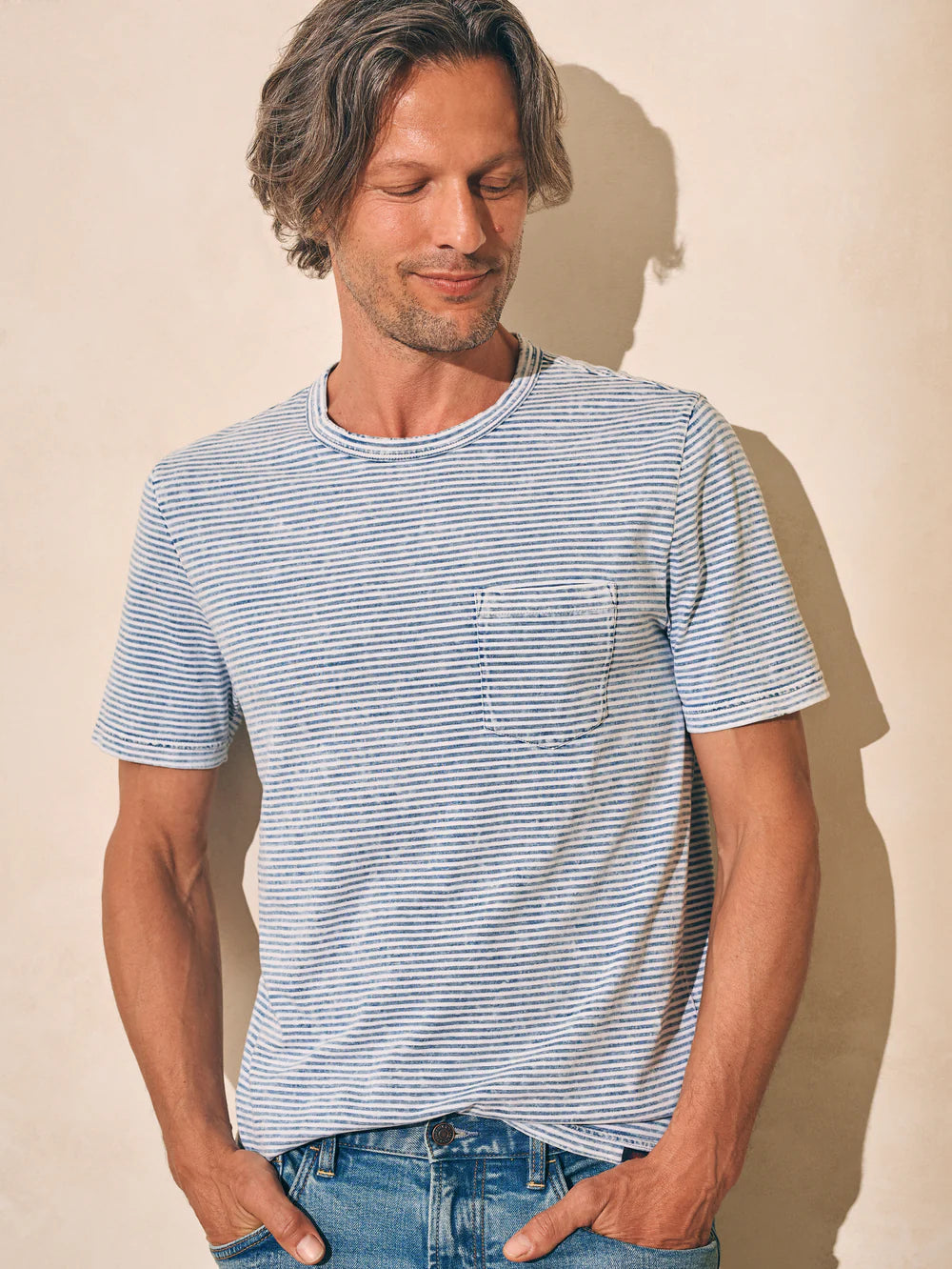 Short Sleeve Indigo Pocket Tee - Salt Wash Indigo Stripe