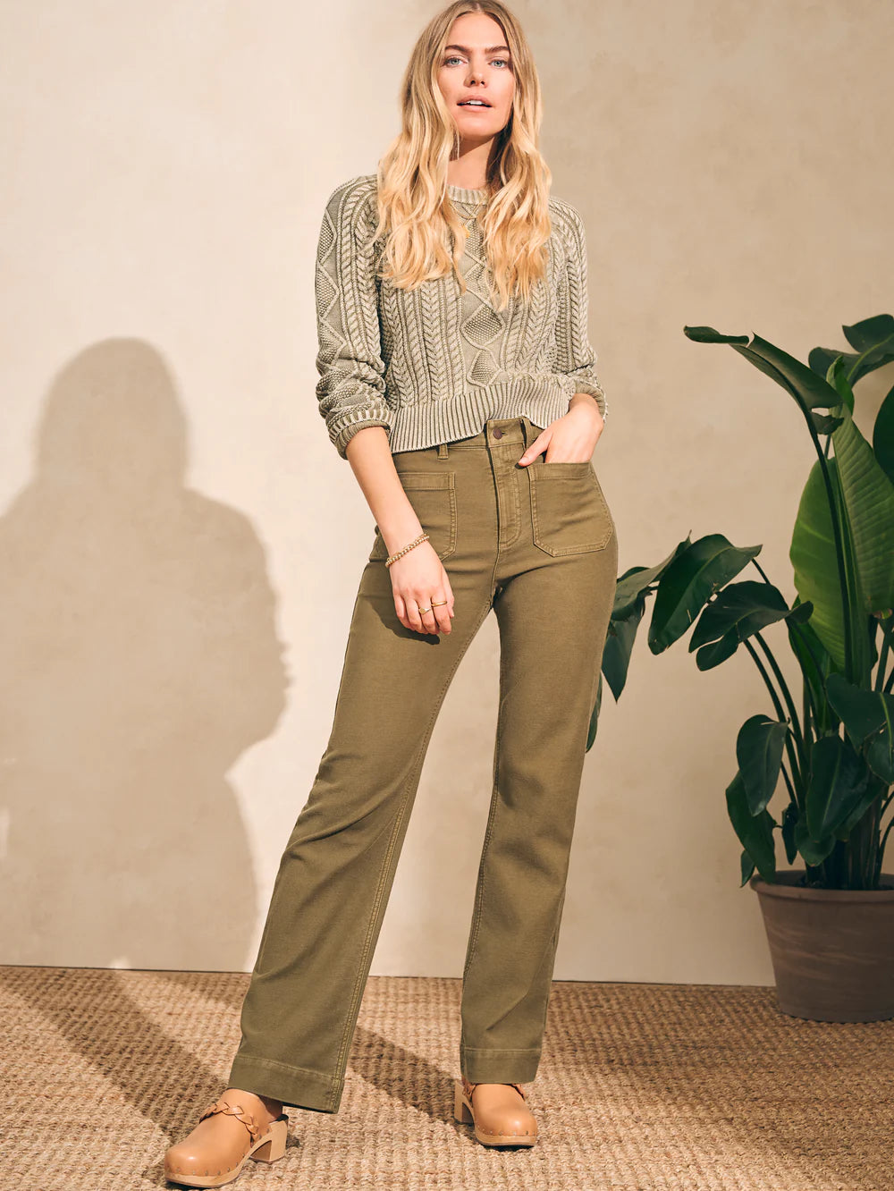 Stretch Terry Wide Leg Pant - Military Olive