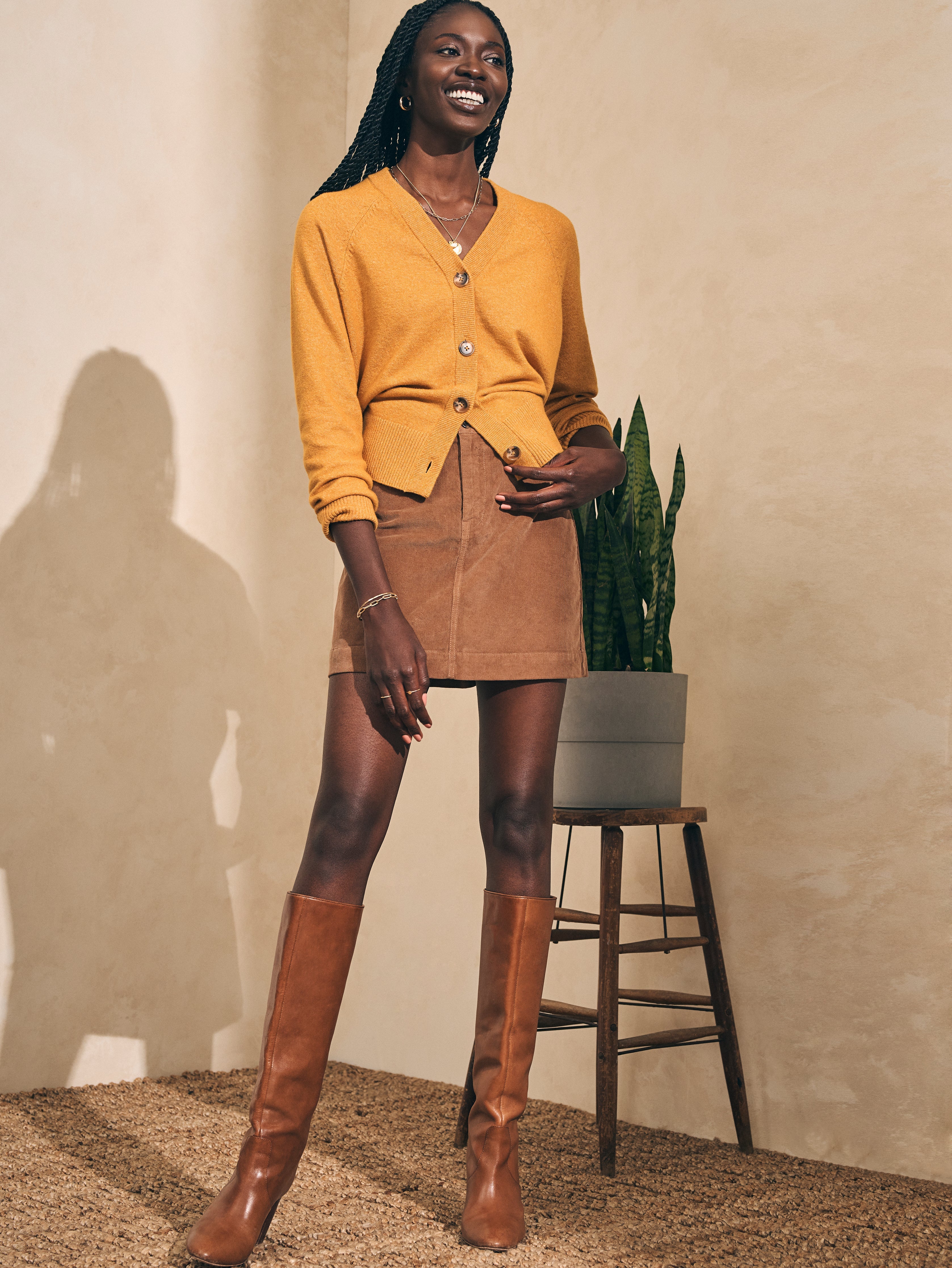Stretch Cord Mini Skirt - Cord Brown