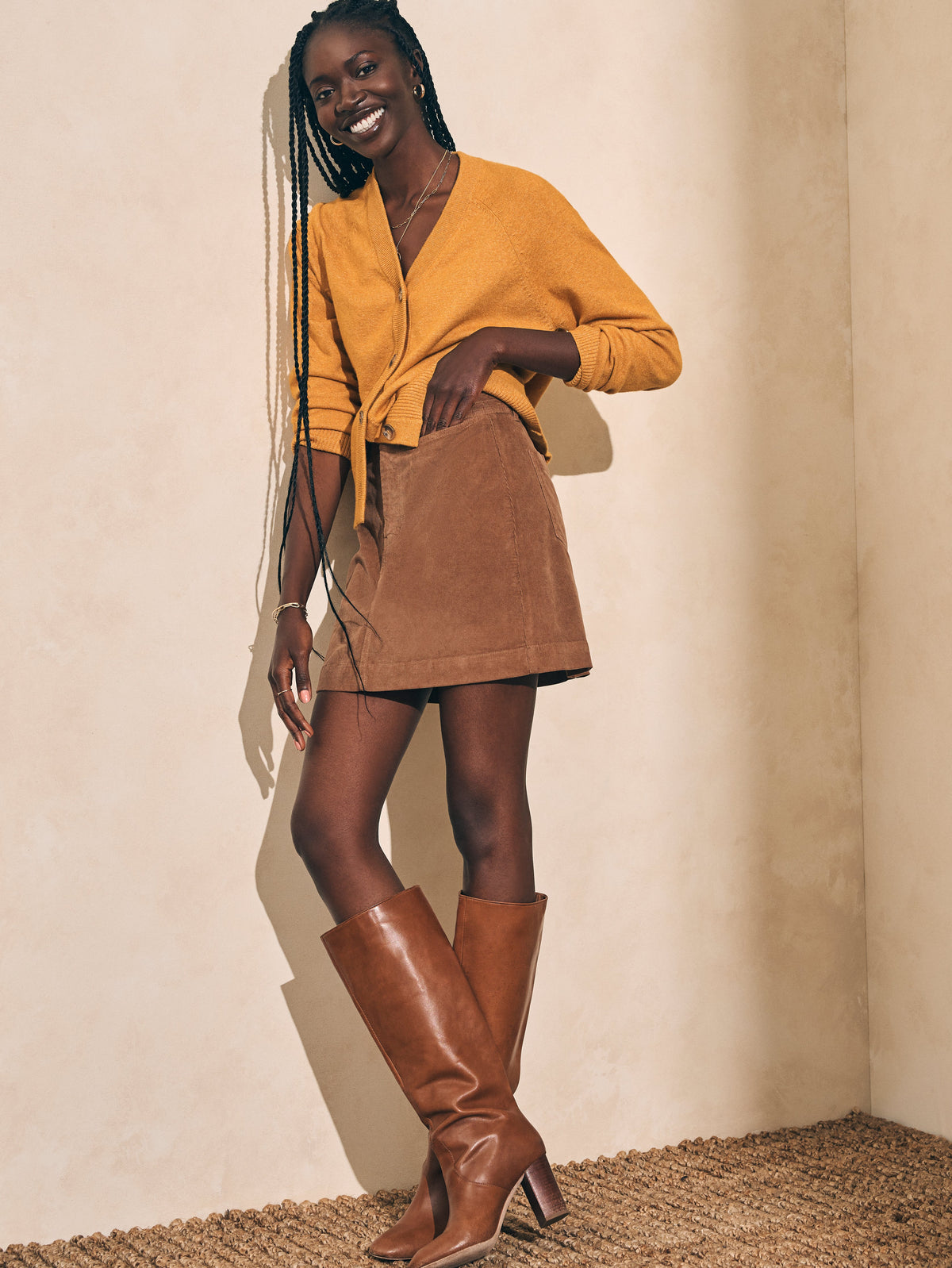 Stretch Cord Mini Skirt - Cord Brown
