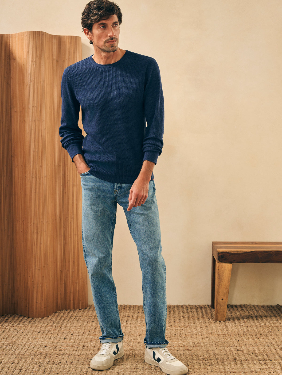 The Surplus Waffle Crew By Faherty In Deep Sea Heather