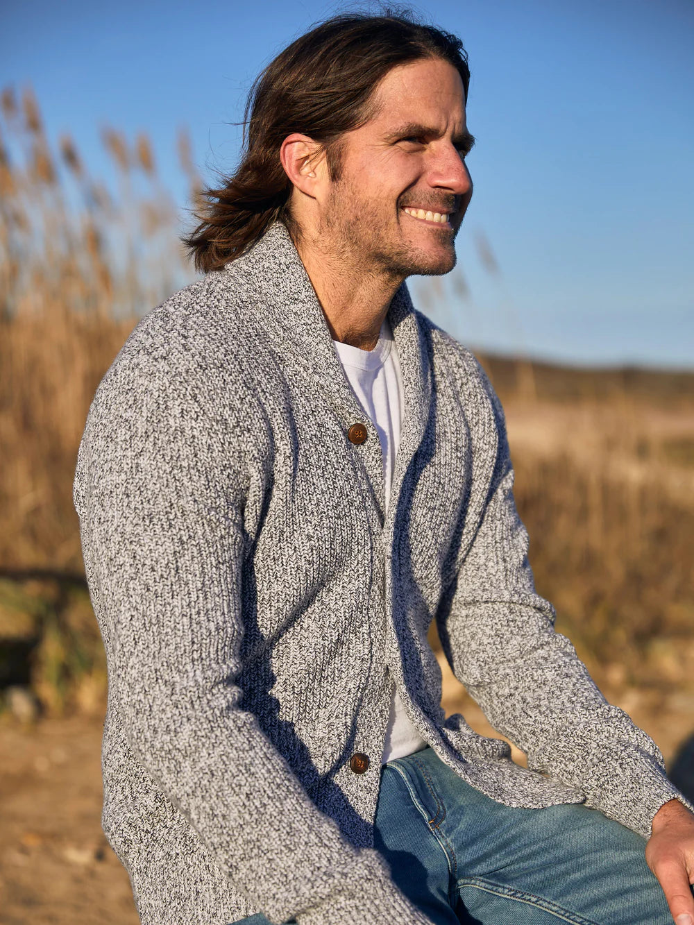 Marled Cotton Cardigan Light Grey Marl Faherty Australia