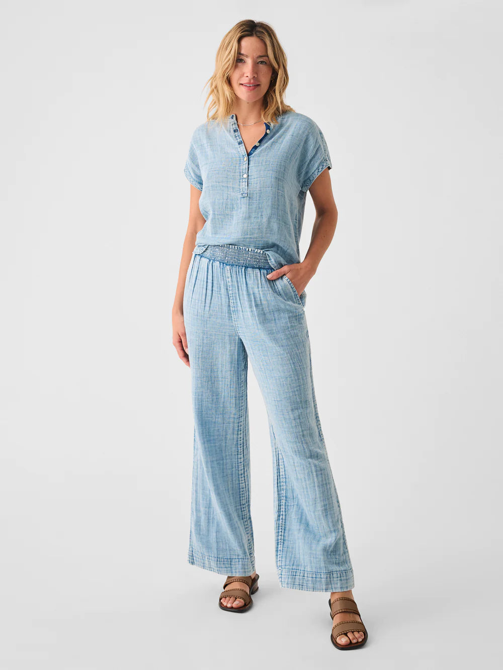 Dream Cotton Gauze Wide Leg Pant - Light Indigo Wash